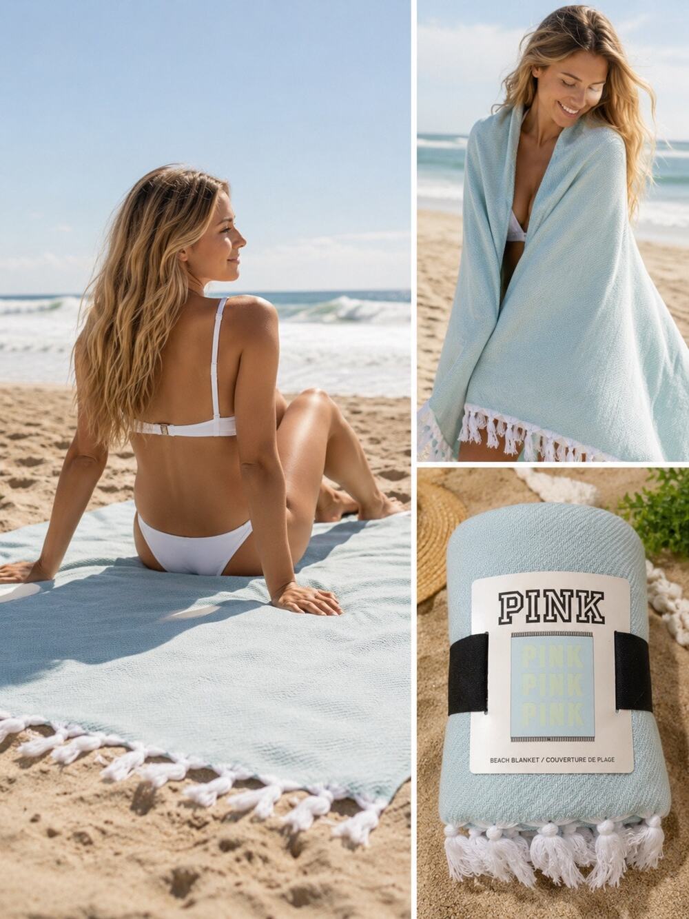 NWT PINK Victoria’s Secret Beach Blanket Tassel Throw Aqua Blue 50x60